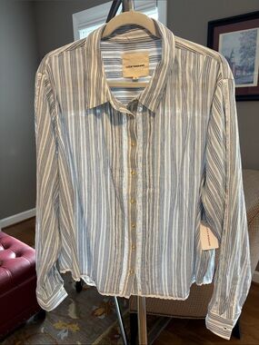 Lucky Brand Linen Blend NWT White and Blue Stripe Button-Down Shirt